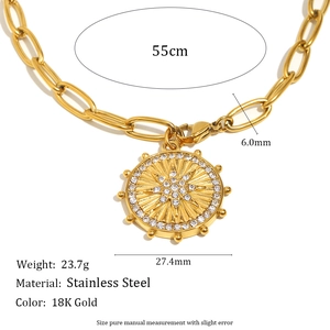 18K gold plated stainless steel necklace with octagram coin pendant on white background