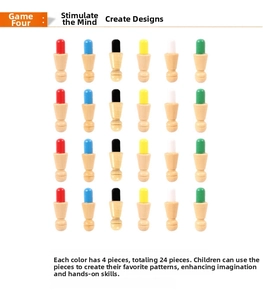 Set of 24 colorful wooden memory chess pieces arranged in a 4x6 matrix on a white background