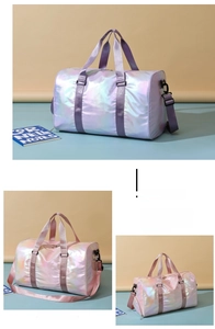 Holographic gradient travel duffel bag with reinforced handles and adjustable shoulder strap