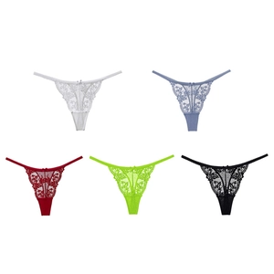 Five-pack of lace thongs for women with floral embroidery and semi-sheer fabric in five colors