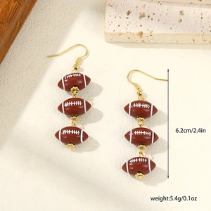 Brown rugby ball acrylic beaded drop earrings with gold hooks for sports fans