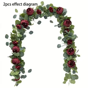 Artificial eucalyptus garland with red peonies for wedding arch and table backdrop