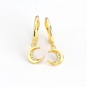 Luxurious S925 silver gold crescent moon hoop earrings with pavé sparkling crystals