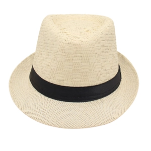 Classic cream woven straw fedora hat with black ribbon band for summer sun protection