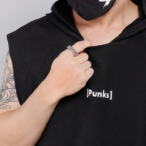 Polished silver stainless steel chain ring shown on hand with streetwear style