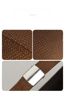 Macro detail of dark brown woven mesh texture and silver metal buckle of the brimless cap