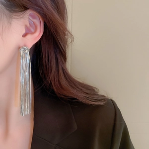 Close-up of silver long tassel earrings with a metallic knot design on a fashion model