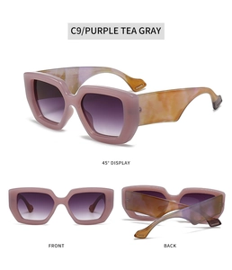Detailed views of square color-block sunglasses with purple gradient lenses and marble arms