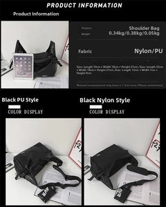 Detailed size comparison of black nylon messenger bag with 33x18x27cm dimensions