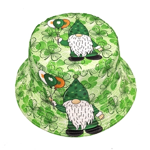 St. Patrick's Day bucket hat with green shamrock print and festive leprechaun graphic