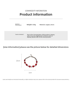 Detailed spec view of a silver flower bracelet with red zircon stones, size 23cm x 1cm