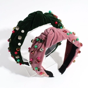 Knotted velvet headbands with pearls and colorful rhinestones in green and pink
