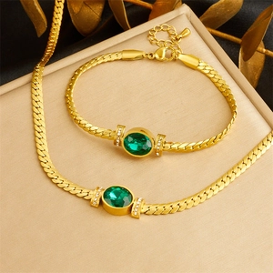 Vintage Luxury Stainless Steel Emerald Zirconia Necklace And Bracelet Jewelry Collection Flat Snake Chain Oval Green Gemstone For Women