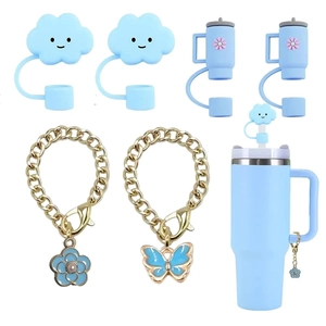 Detailed set of blue cloud silicone straw covers and floral butterfly charm chains for tumblers