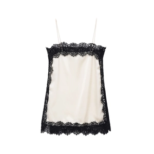 White silk satin camisole for women with black eyelash lace trim on white background