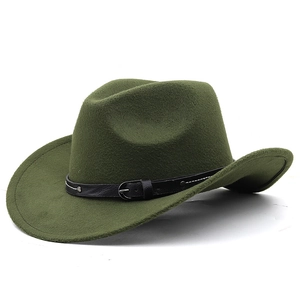 Detail of army green wool felt fedora featuring a black leather band and metal buckle