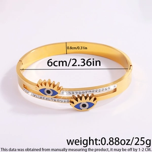Detailed view of evil eye gold plated stainless steel bangle with rhinestone inlay dimensions