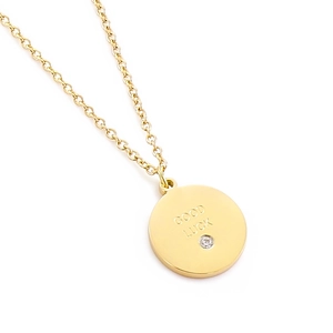 Good Luck Round Disk Pendant Necklace Stainless Steel With Zircon Inlay Simple Minimalist Jewelry For Women