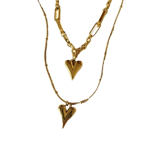 Double-layer gold plated heart pendant necklace with OT toggle clasp and layered chains