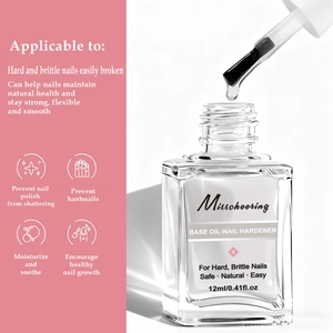 Macro detail of 12ml nail hardener bottle with transparent liquid texture and fine brush