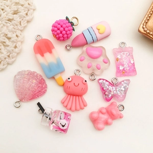 Mix of 10 rose pink resin charms featuring lipstick, shells, and candy for DIY jewelry making