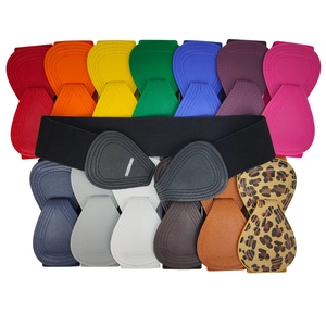 Flat lay display of 14 colorful elastic wide belts with teardrop-shaped PU leather buckles