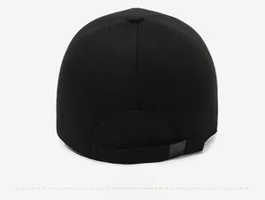Back view of black cotton baseball cap with adjustable strap and six-panel crown detail
