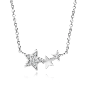 Close-up of star pendants with cubic zirconia inlay on a polished silver chain