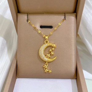 Moon Star Pendant Necklace Gold Plated Stainless Steel Chain Copper Zircon Tassel Luxury Elegant Jewelry For Women