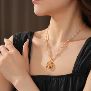 Maillard style vintage pearl necklace with opal pendant and champagne beaded chain