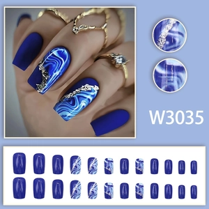 Blue marble press-on nails set with silver foil and matte finish medium-long length