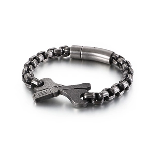 Industrial style men's box chain bracelet with vintage wrench pendant in retro silver