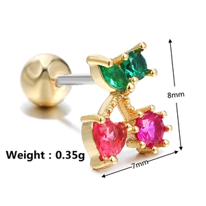 Macro detail of cherry cartilage stud with pink heart zircon and screw ball back