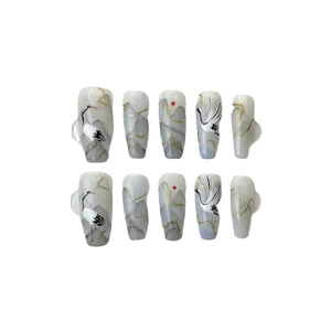 Press-on nails set with traditional Chinese ink painting featuring cranes and mountains