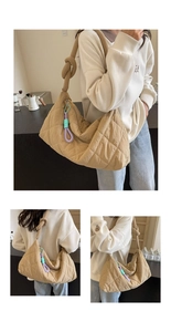 Close-up of khaki quilted tote bag featuring a stylish knotted strap and colorful pendant