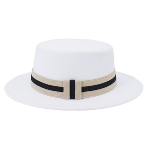 Classic white wool boater hat with a chic beige and black striped ribbon band