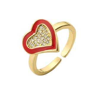 Adjustable gold plated ring with red enamel heart and sparkling zircon inlay