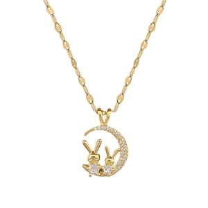 Gold titanium steel necklace with rabbits on a diamond crescent moon pendant