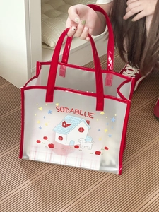 Transparent PVC tote bag with red handles featuring a cute house and dog cartoon print