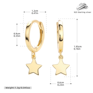 Macro detail of S925 sterling silver gold star earrings with precise measurements
