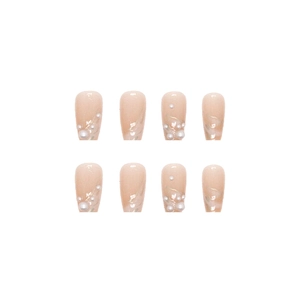Elegant nude pink coffin press-on nails with white pearls and floral painted texture