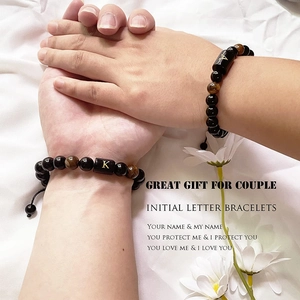 10mm Natural Agate and Tiger Eye Beaded Bracelet with Custom Initial for Men and Couples