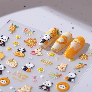 3D embossed panda nail art stickers with rabbit and firework patterns in yellow and orange