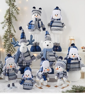 Close-up of blue and white Christmas plush set with reindeer and snowman decorations