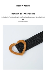 Detailed macro of the heart-shaped zinc alloy buckle on a black braided elastic belt
