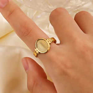 Stainless Steel Geometric Oval Ring Gold Plated Waffle Texture Minimalist Adjustable Open Rings For Women Vintage Chic