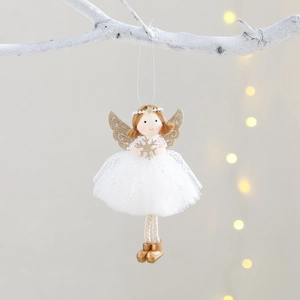 Handmade white and gold Christmas angel doll ornament with pearl crown on a tree branch
