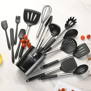 15-piece black silicone kitchen utensil set with stainless steel handles and storage bucket