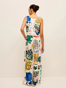 Women's two-piece set with artistic print sleeveless top and wide leg pants back view