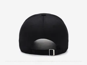 Detailed back view of black baseball cap with adjustable silver metal buckle strap